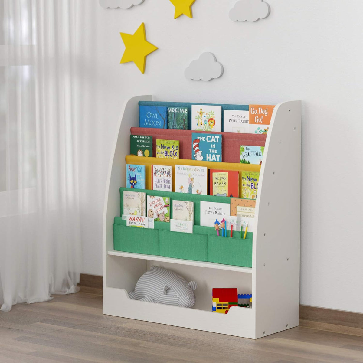 Wooden Kids Book Rack, 4 Tier Bookshelf, 1 Toy Storage Cabinet, Espresso/Black Q992