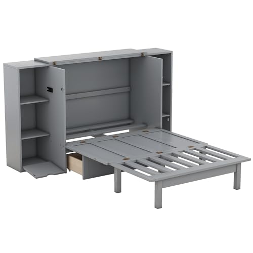 Queen Size Murphy Bed with Storage 2 Drawers and Shelves M91225