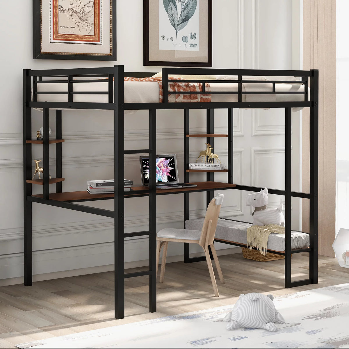 Black Full Metal Loft Bed with Desk and Shelves C645