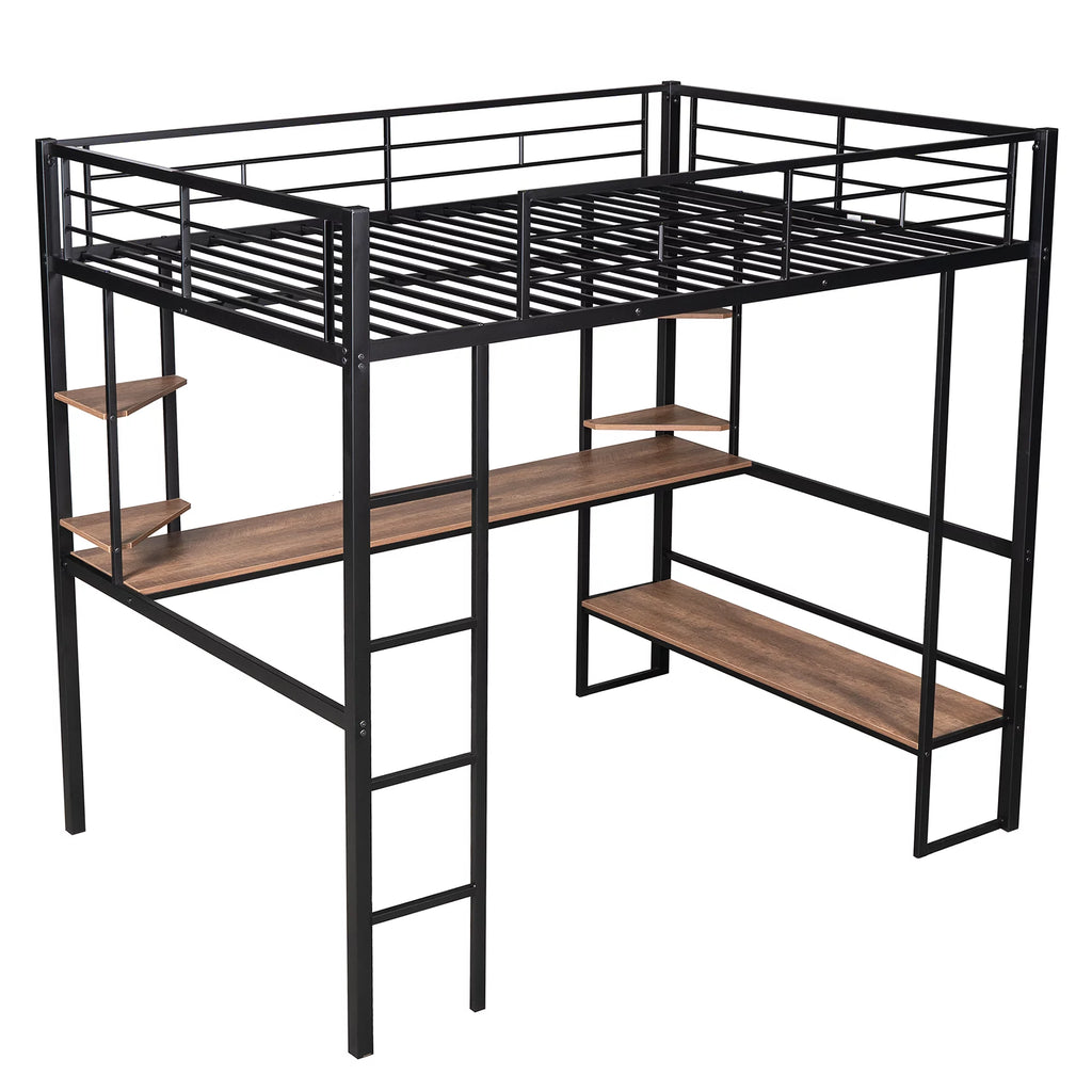 Black Full Metal Loft Bed with Desk and Shelves C645