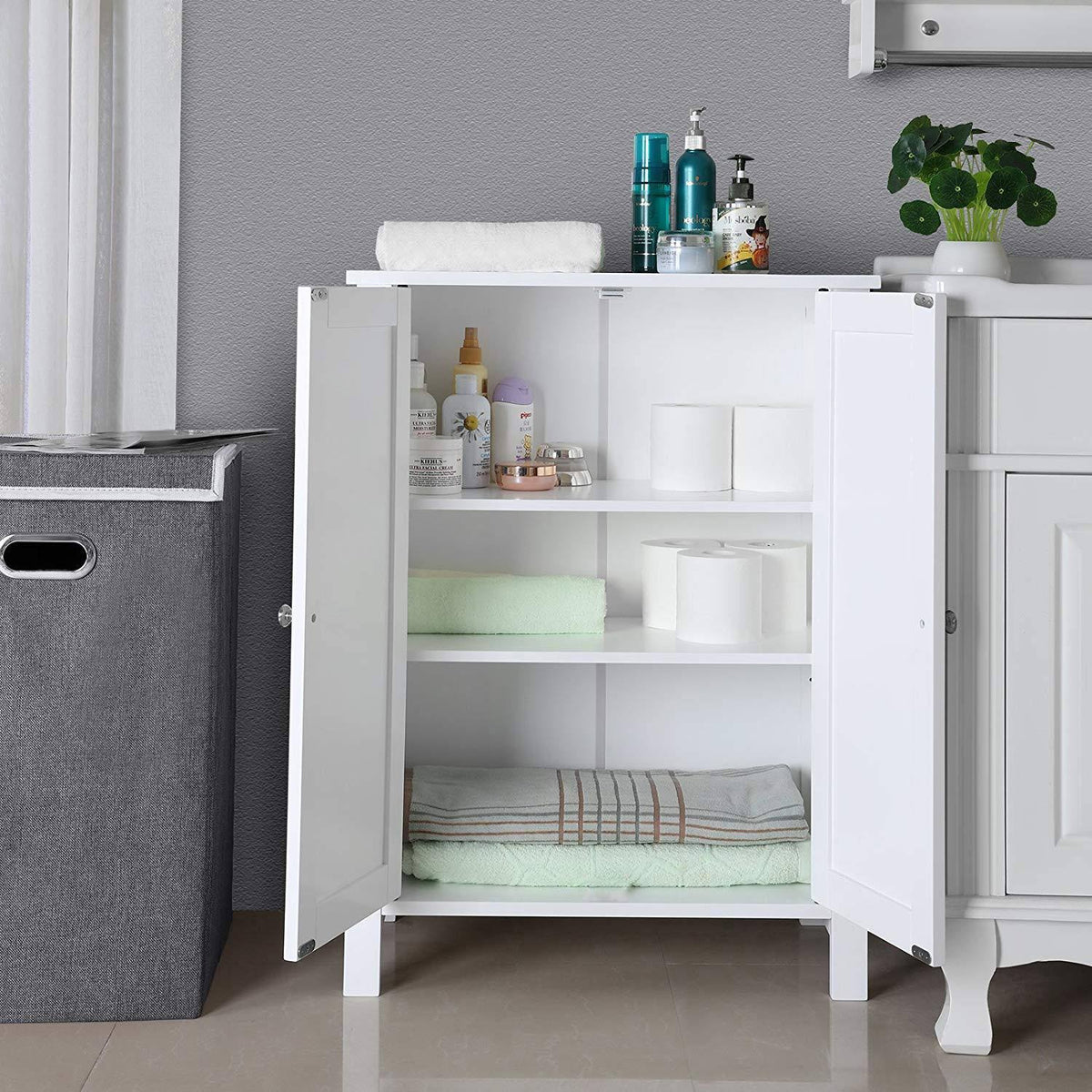 White Free Standing Bathroom Floor Cabinet with Double Doors and Adjustable Shelf J4367
