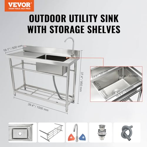 Stainless Steel Utility Sink, 1 Compartment Free Standing Small Sink with Workbench Faucet and Legs, 39.4 x 19.1 x 37.4 in Commercial Single Bowl Sink B852