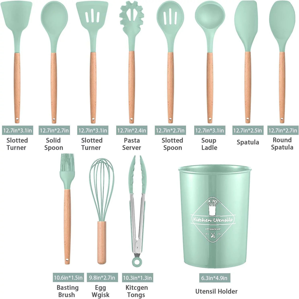 11 Pcs Non-Stick Silicone Cooking Utensils Set with Wooden Handle (Light Green) D344