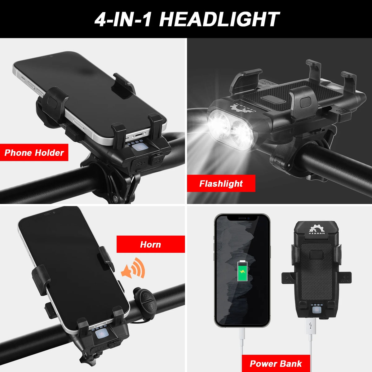 Front and Rear 4 in 1 USB Rechargeable Waterproof Headlight with Phone Holder Horn Z826494