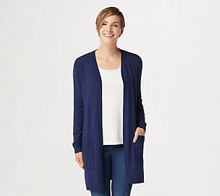 Feather Knit Open Front Long Cardigan, Size Medium, Twilight E18687