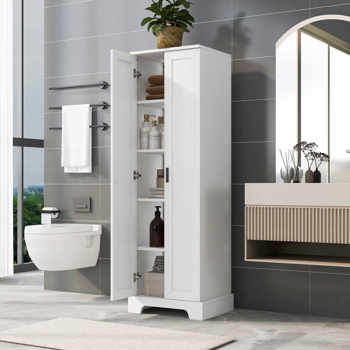 Tall Wood Bathroom Storage Cabinet with Adjustable Shelves Z2521
