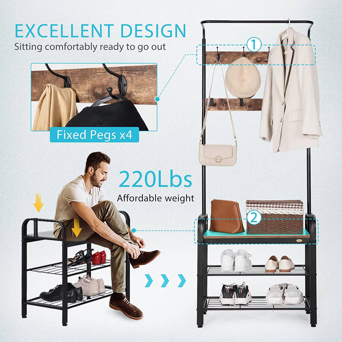 3-in-1 Entryway Hall Tree with Storage Bench J9138