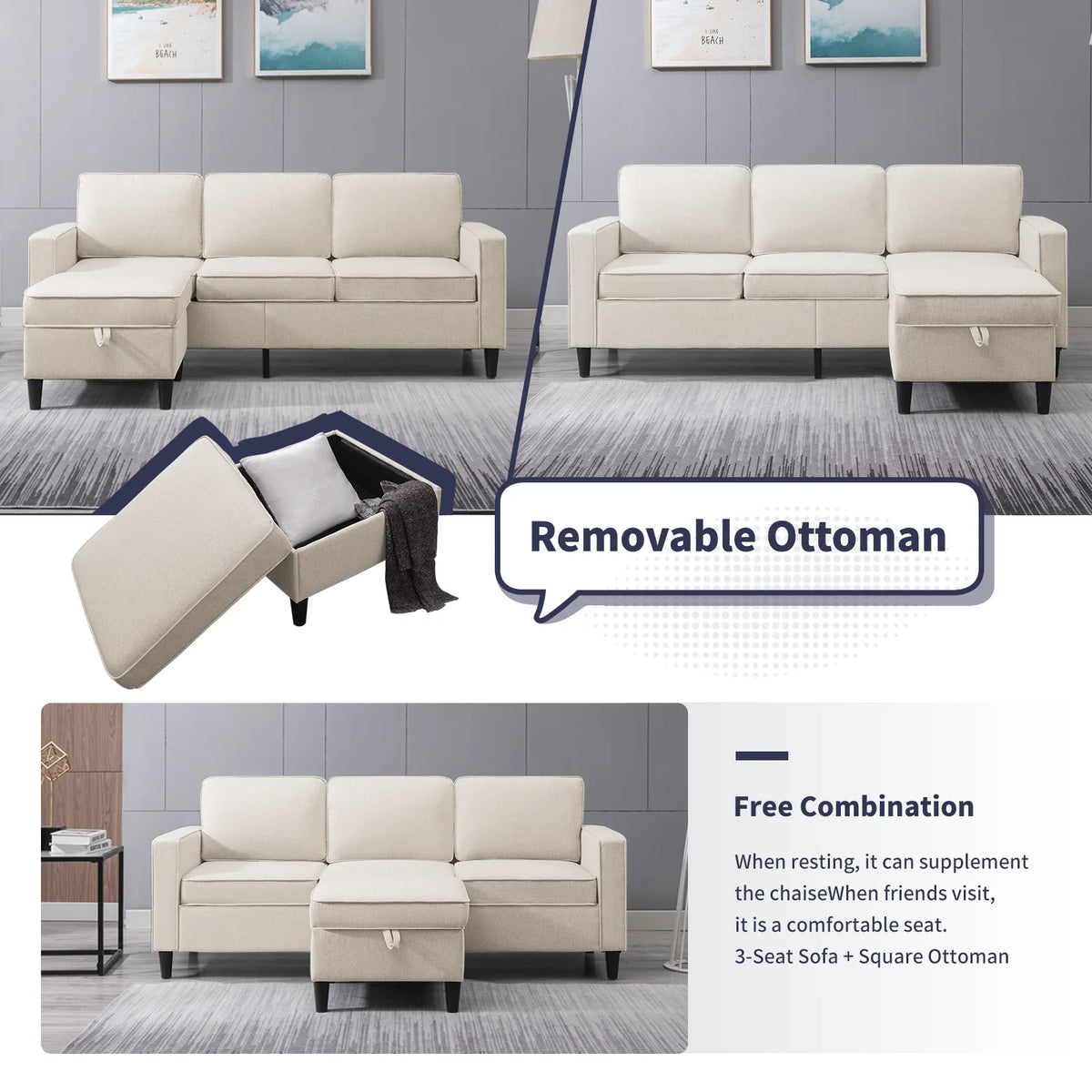 Beige Convertible Sectional Sofa Couch with Storage Ottoman A5396
