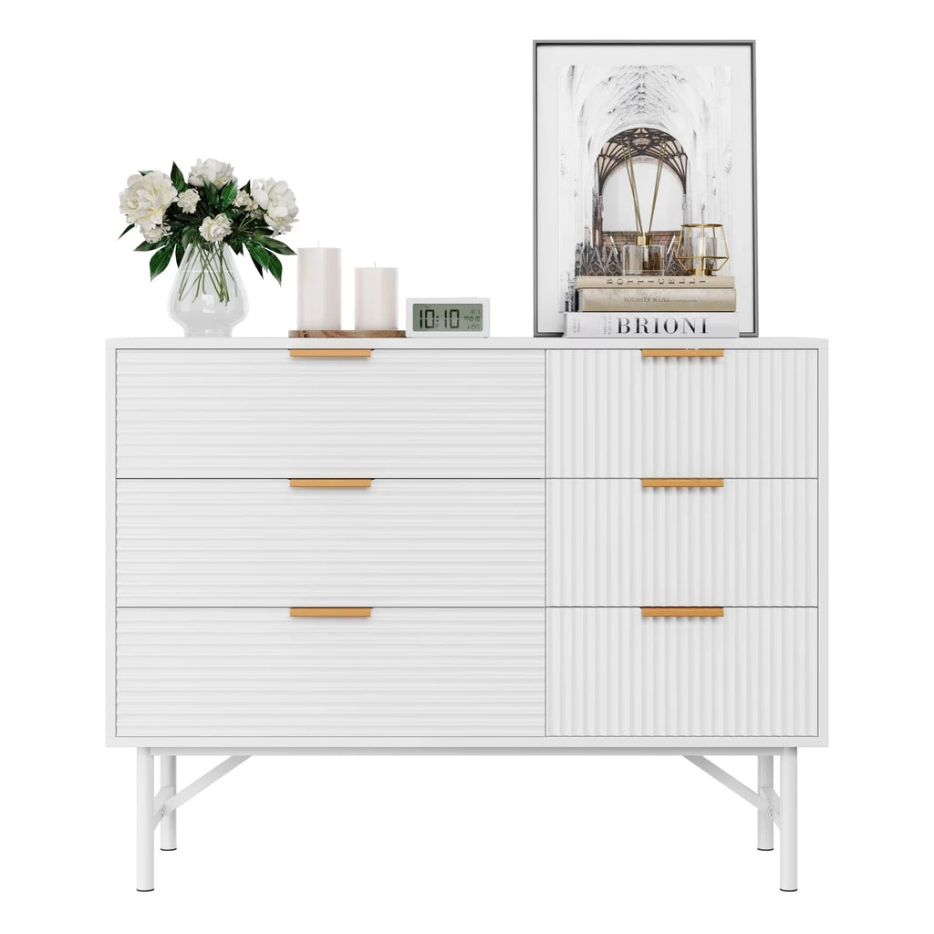 Creamy 6 Drawer Wood Dresser with Metal Base M882