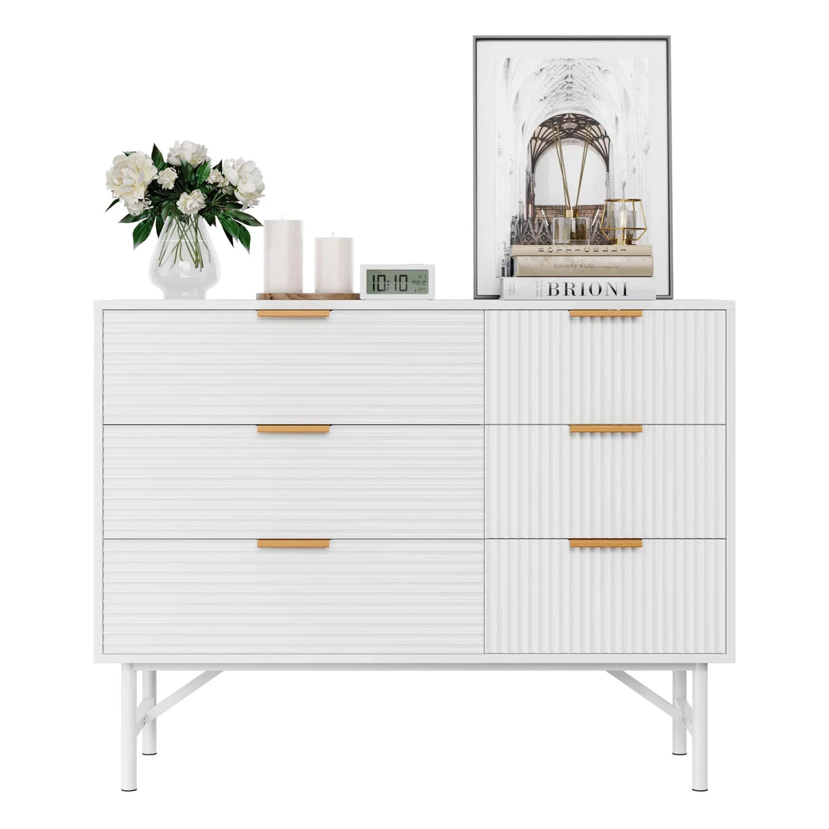 Creamy 6 Drawer Wood Dresser with Metal Base M882