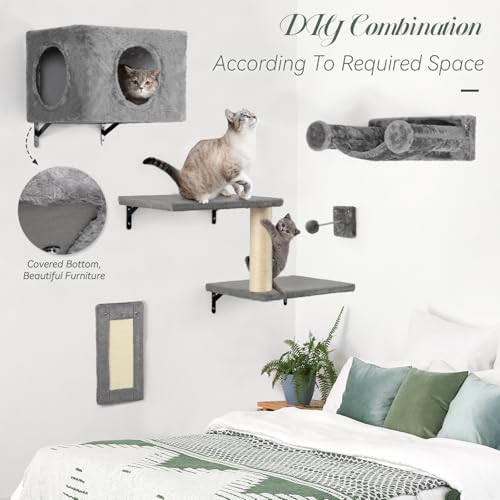5-in-1 Wall-Mounted Cat Climber Set with House, Bridge, Steps, Scratcher, Hammock, Shelves J93650