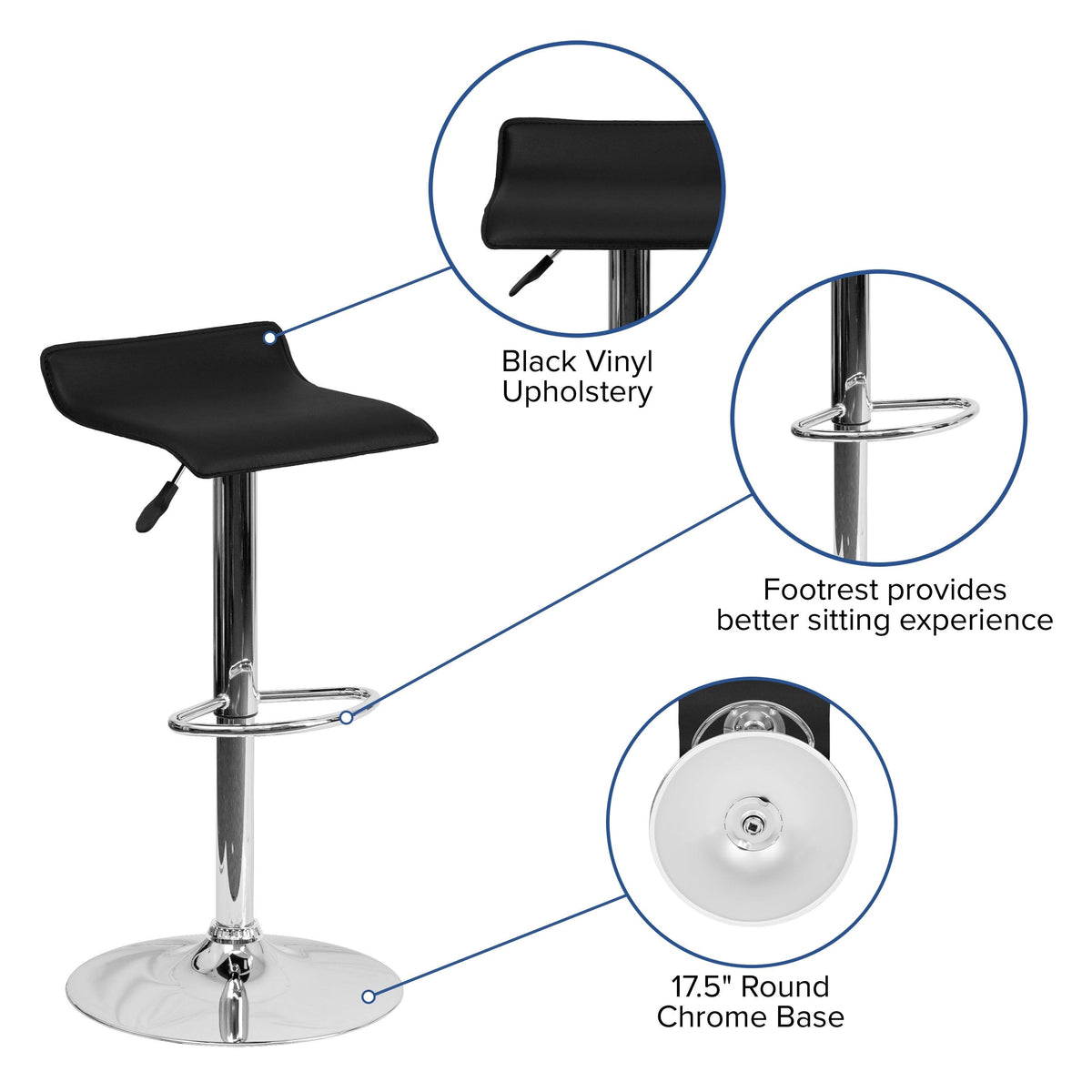 Black Vinyl Adjustable Height Barstool with Chrome Base D32740
