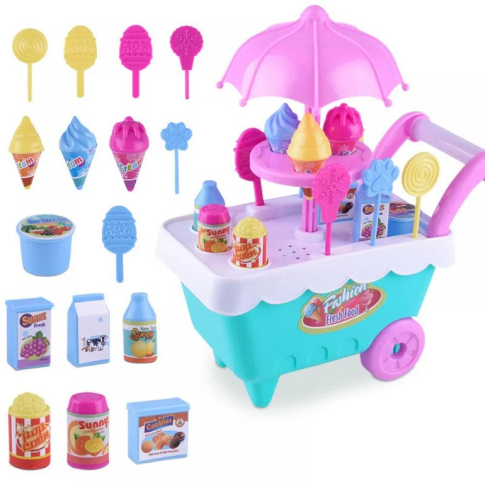 16 Piece Ice Cream Cart Toy Set with Umbrella Food Dishes J78211