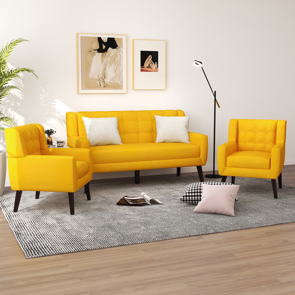 Yellow Tufted Linen Cotton Loveseat with 2 Accent Chairs E2666