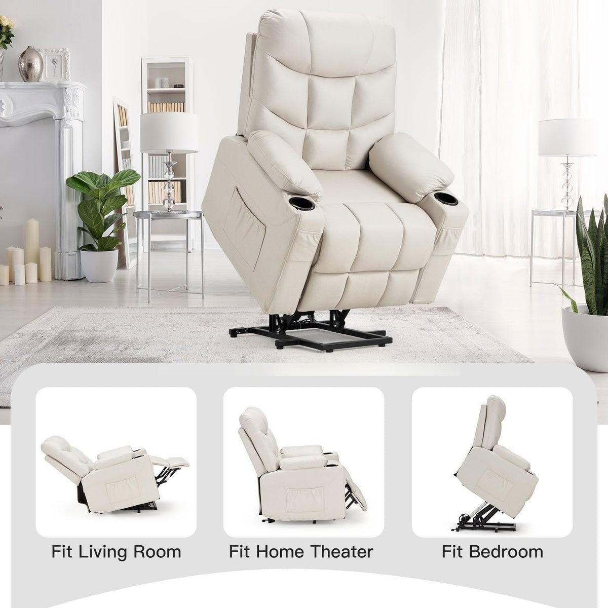 Dual Motor Power Lift Recliner Chair with Massage and Heat, Cup Holders Side Pockets O76681