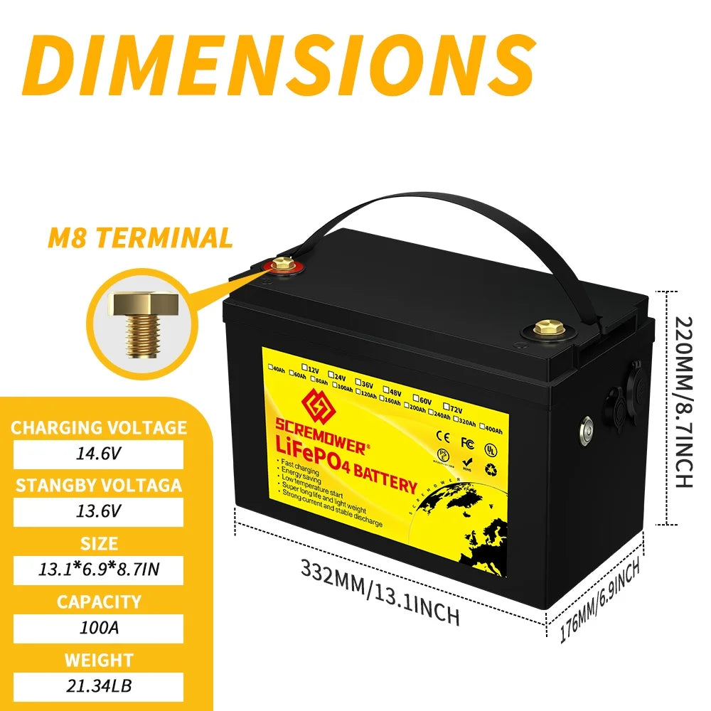 12V 100AH LiFePO4 Lithium Battery with 100A BMS R1464