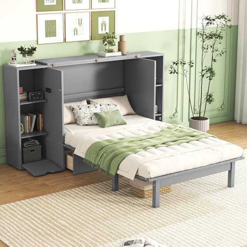 Queen Size Murphy Bed with Storage 2 Drawers and Shelves M91225