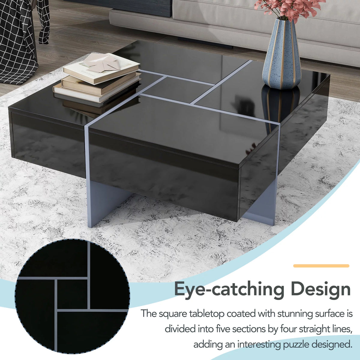 Black Square Coffee Table with 4 Hidden Storage Compartments H45633