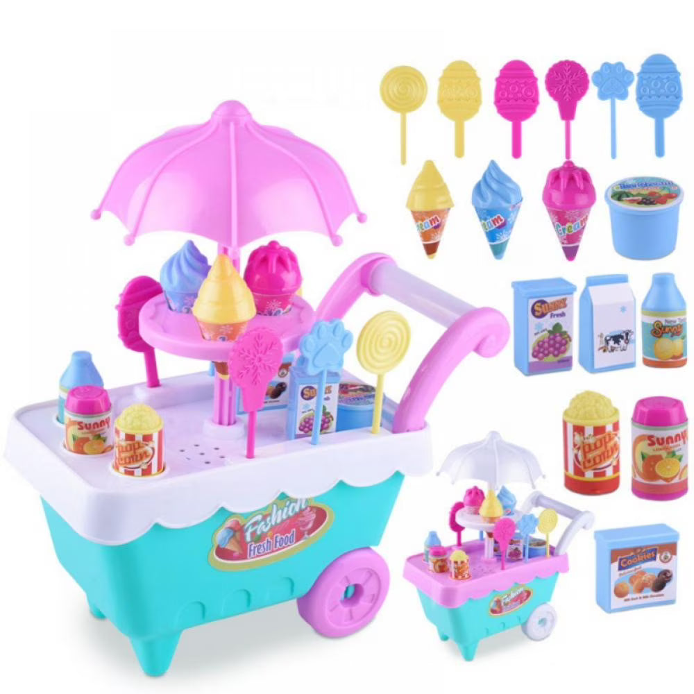 16 Piece Ice Cream Cart Toy Set with Umbrella Food Dishes J78211