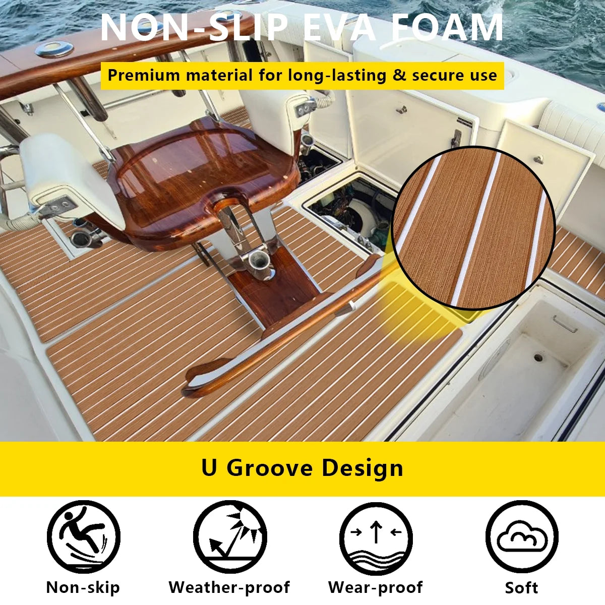 94"× 35" EVA Foam Faux Teak Decking Sheet Self-Adhesive Non-Skid Marine Flooring D8051