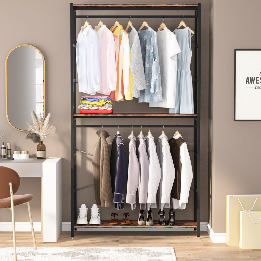 86 inches Double Rod Closet Organizer, Freestanding 3 Tiers Shelves Garment Racks M180