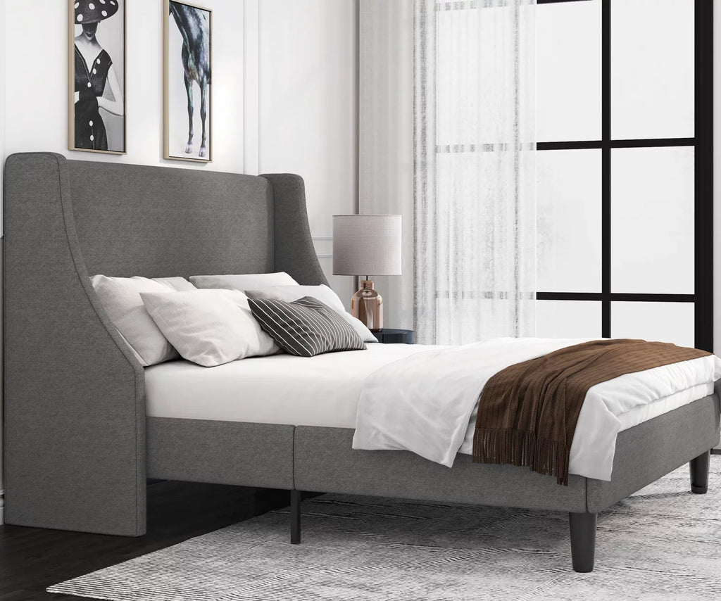 Queen Size Light Grey Upholstered Platform Bed Frame with Wingback Headboard P97254