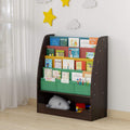 Wooden Kids Book Rack, 4 Tier Bookshelf, 1 Toy Storage Cabinet, Espresso/Black Q992