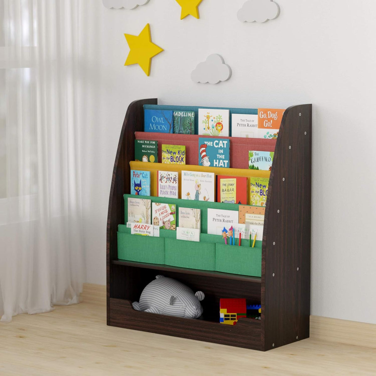 Wooden Kids Book Rack, 4 Tier Bookshelf, 1 Toy Storage Cabinet, Espresso/Black Q992