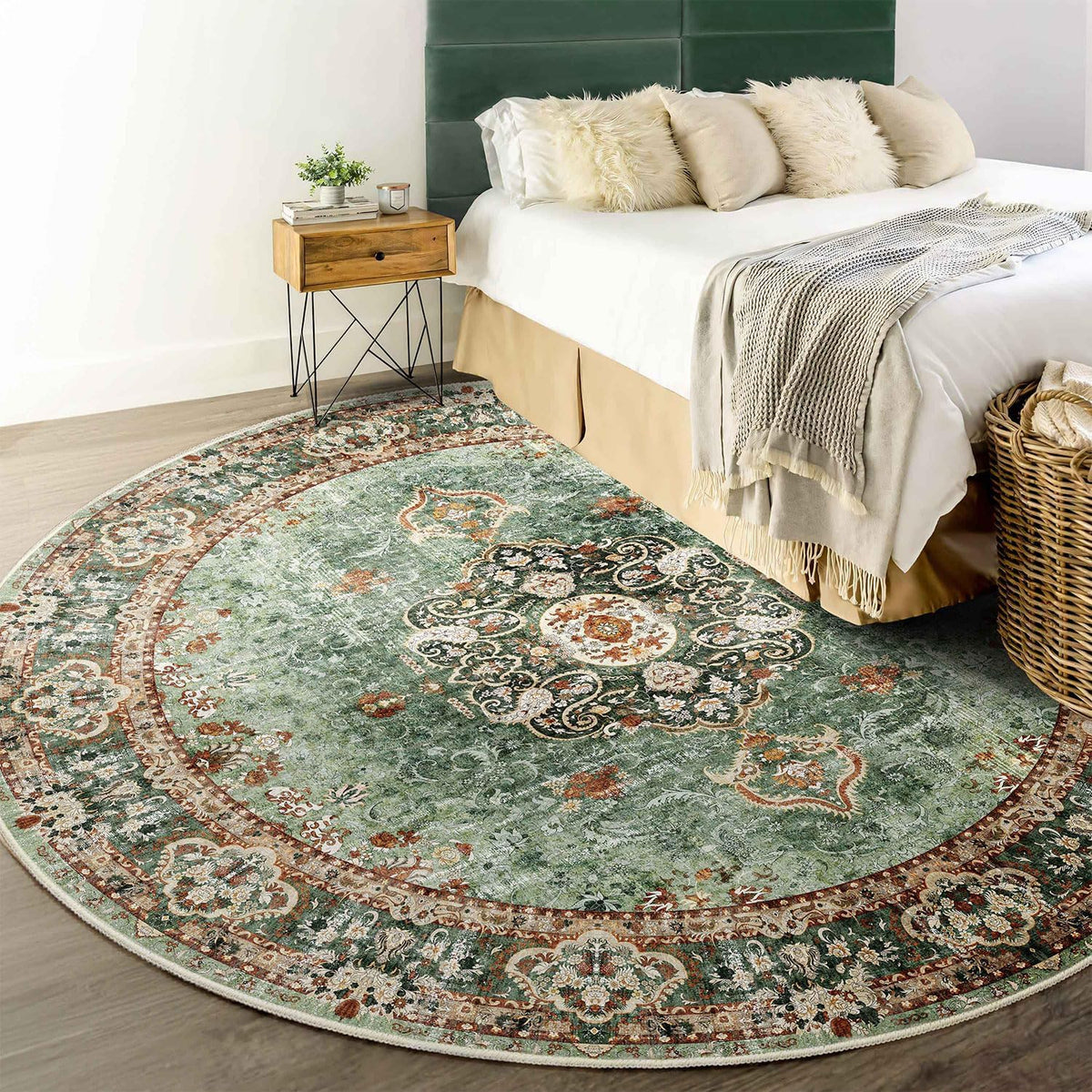 Green Round 6ft Washable Non Slip Rug Q162