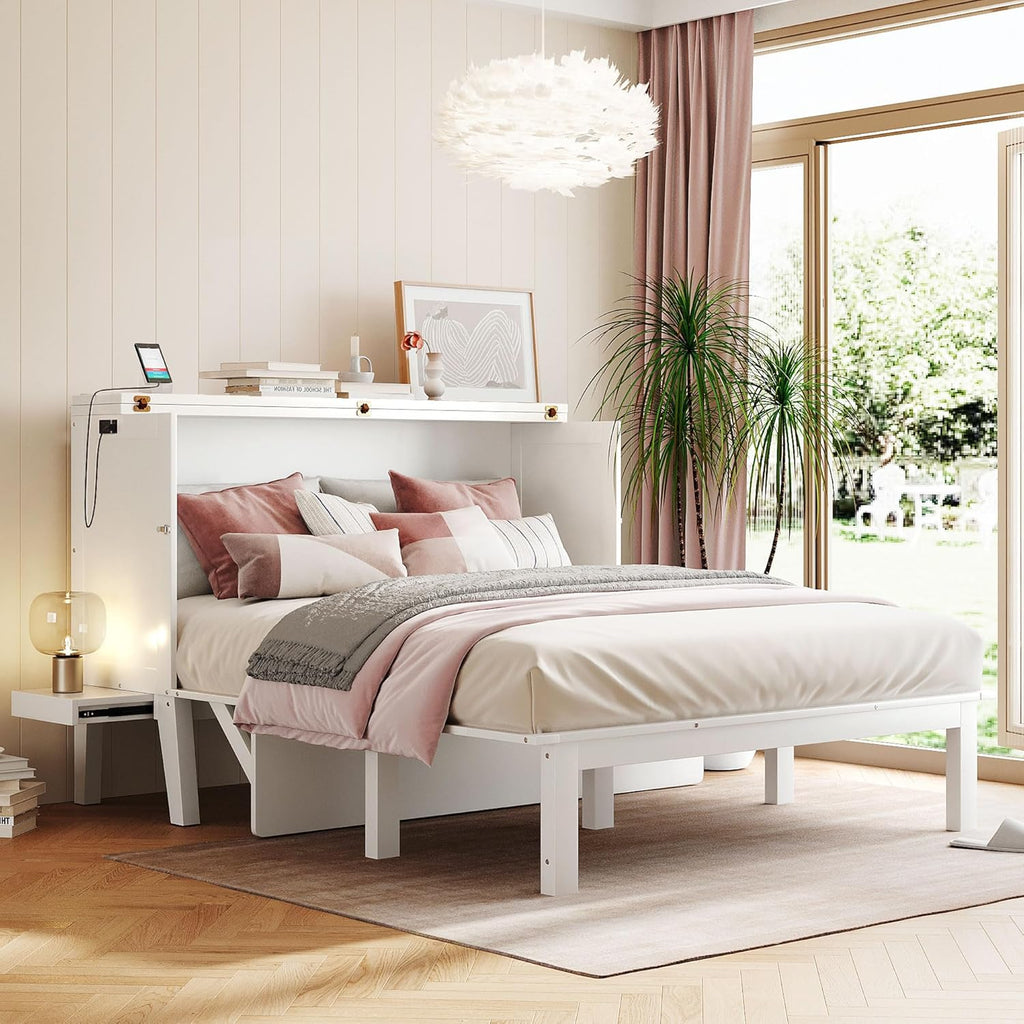 White Queen Size Murphy Bed with Wooden Slat Support J134875