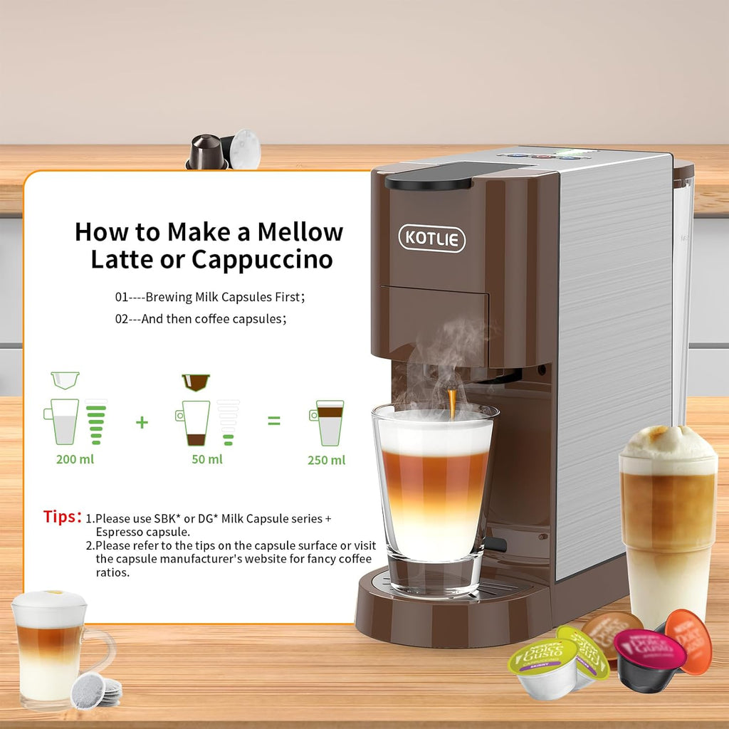 5in1 Espresso Machine, 19Bar Pressure Single Serve Coffee Maker N3600