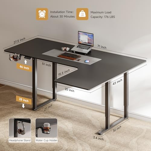 Electric Stand Up Desk Adjustable Height 71x43 Inches L Shaped A6183