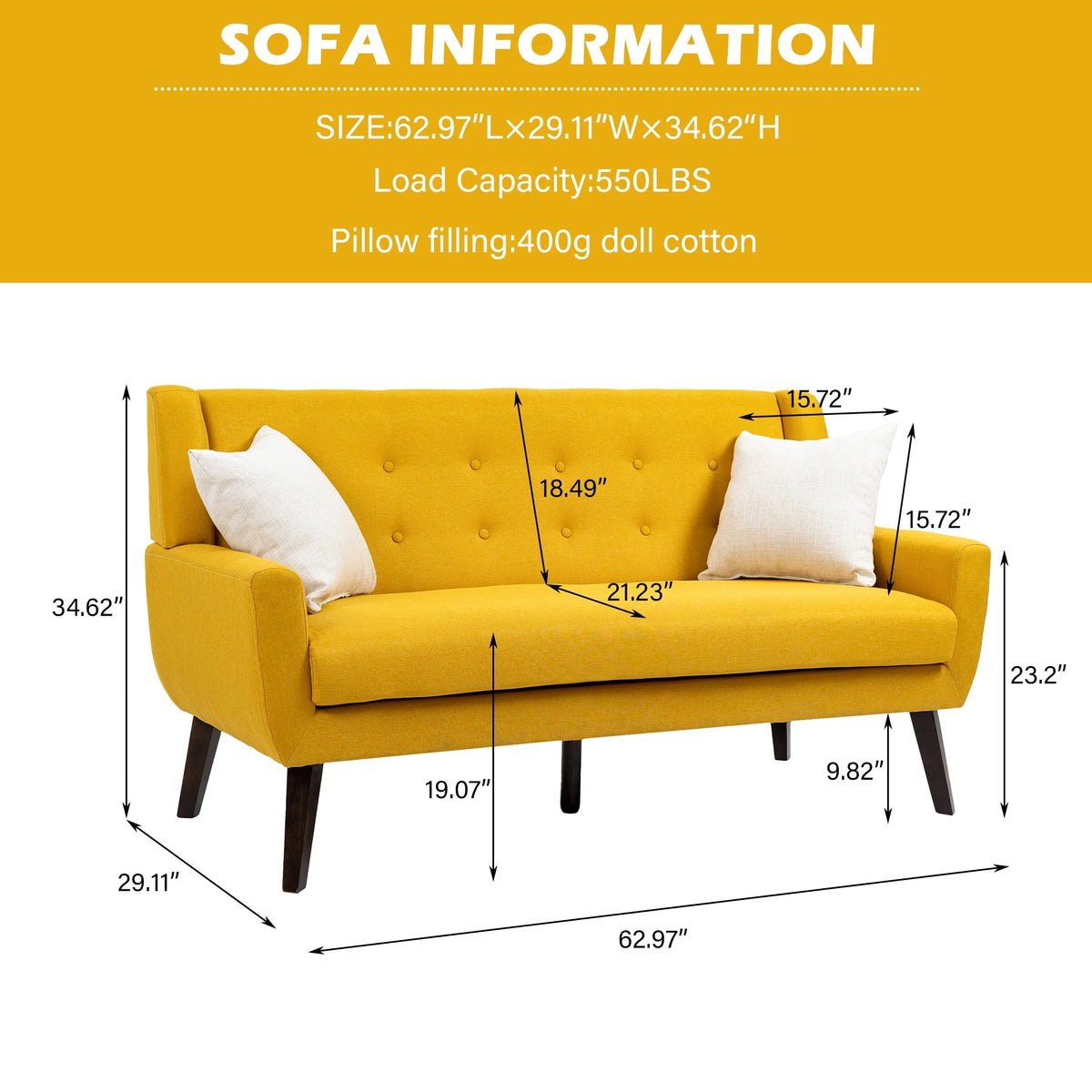 Yellow Tufted Linen Cotton Loveseat with 2 Accent Chairs E2666