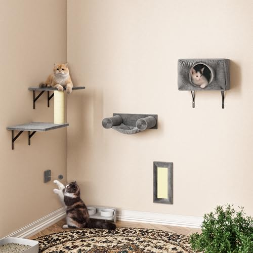 5-in-1 Wall-Mounted Cat Climber Set with House, Bridge, Steps, Scratcher, Hammock, Shelves J93650