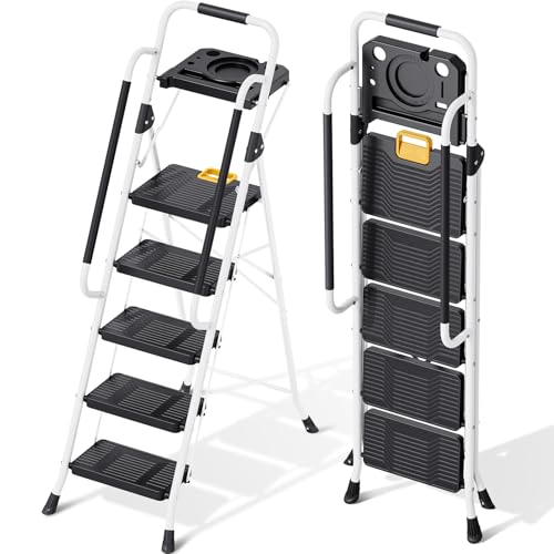 White 3 Step Folding Ladder with Handrail Q3128