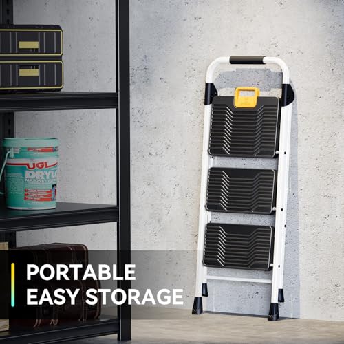 White 3 Step Folding Ladder with Handrail Q3128