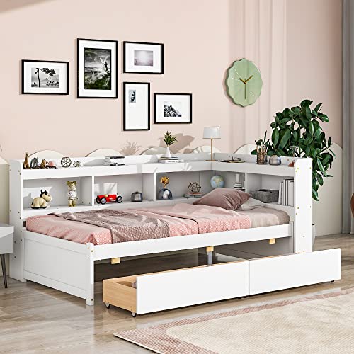 Grey Full Size Wooden Platform Bed with Two Storage Drawers and L-Shaped Bookcase I13768