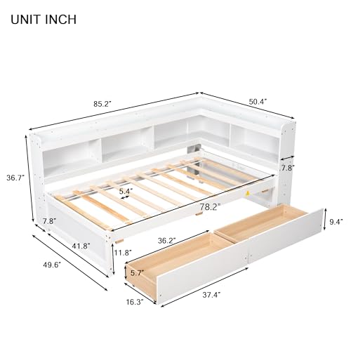 Grey Full Size Wooden Platform Bed with Two Storage Drawers and L-Shaped Bookcase I13768