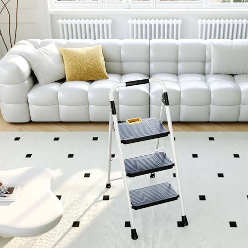 White 3 Step Folding Ladder with Handrail Q3128