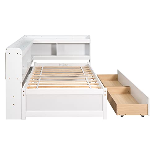 Grey Full Size Wooden Platform Bed with Two Storage Drawers and L-Shaped Bookcase I13768