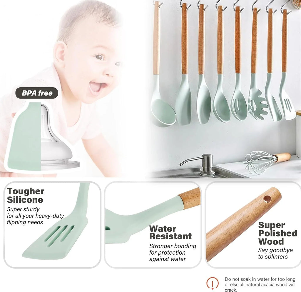 11 Pcs Non-Stick Silicone Cooking Utensils Set with Wooden Handle (Light Green) D344