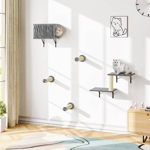 5-in-1 Wall-Mounted Cat Climber Set with House, Bridge, Steps, Scratcher, Hammock, Shelves J93650