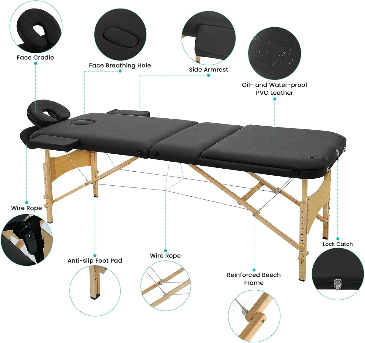 Black 3 Fold Portable Massage Bed with Carrying Case W22204