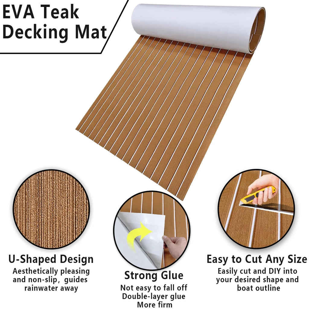 94"× 35" EVA Foam Faux Teak Decking Sheet Self-Adhesive Non-Skid Marine Flooring D8051