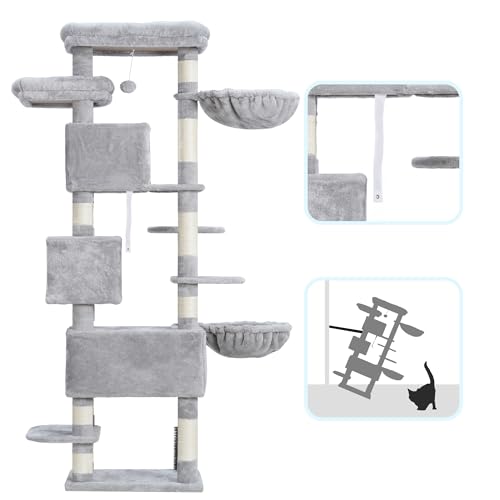 Light Gray 74 inches Multi-Level XL Cat Tree with Three Cat Condos and Two Top Decks P604