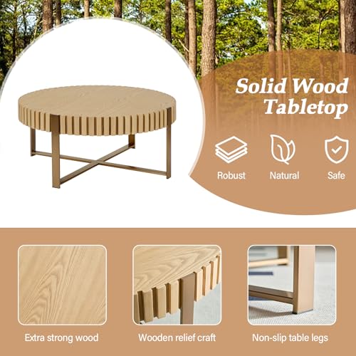 31.5'' Round Solid Wood Coffee Table with Stainless Steel Gold Legs E51985