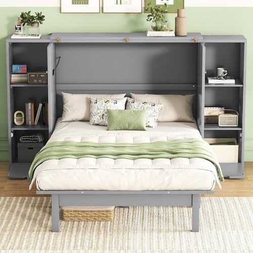 Queen Size Murphy Bed with Storage 2 Drawers and Shelves M91225