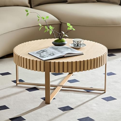 31.5'' Round Solid Wood Coffee Table with Stainless Steel Gold Legs E51985