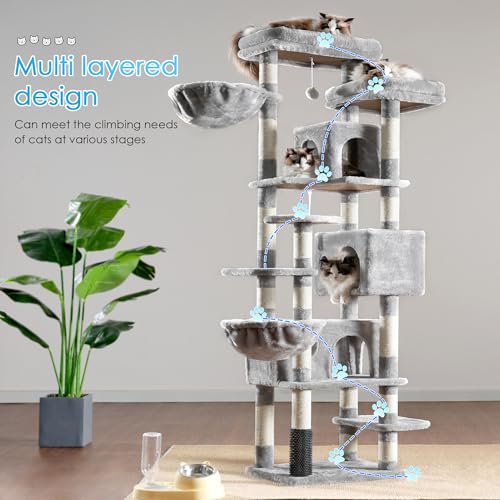 Light Gray 74 inches Multi-Level XL Cat Tree with Three Cat Condos and Two Top Decks P604