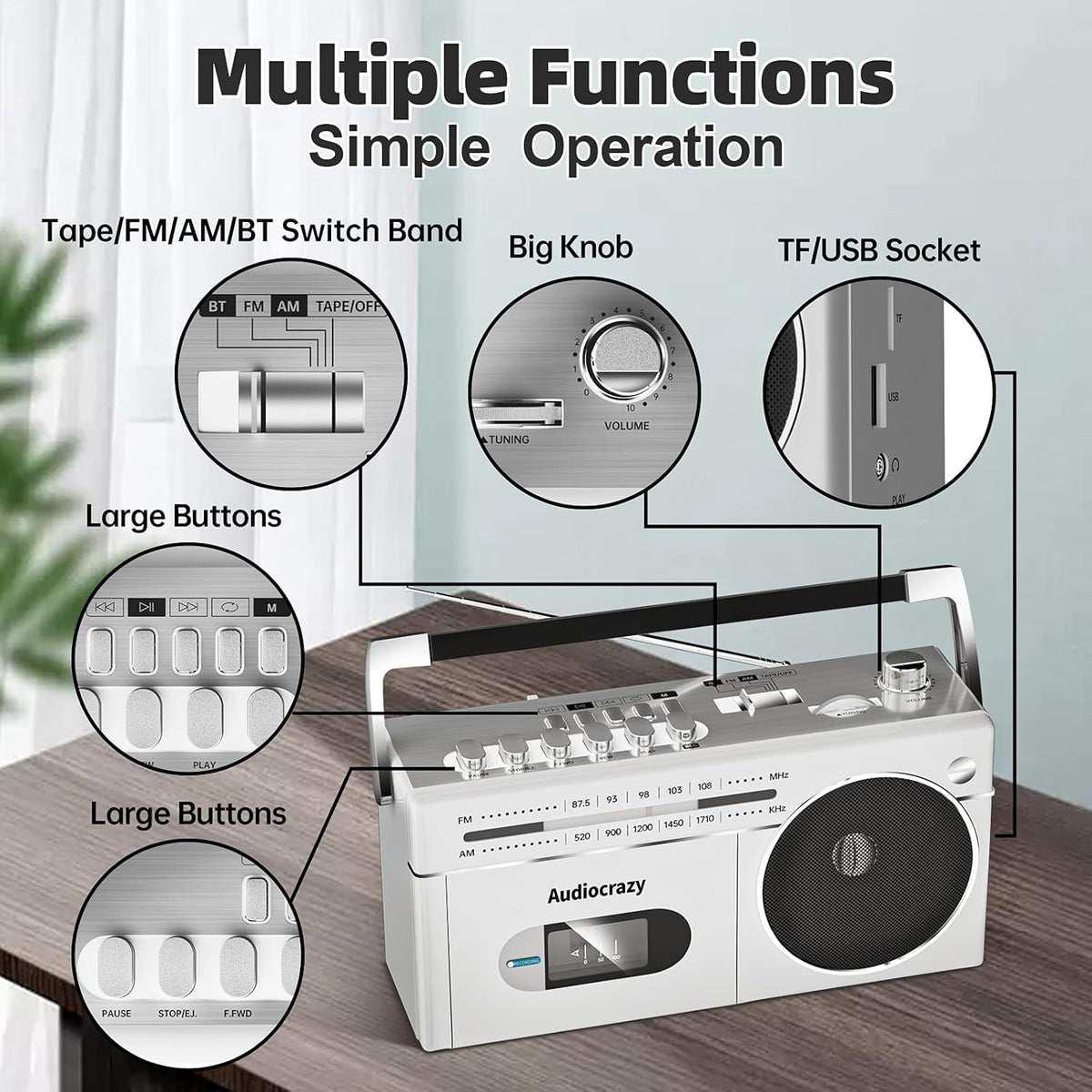 Portable Cassette Player Recorder AM FM Radio Boombox with Speaker U68728
